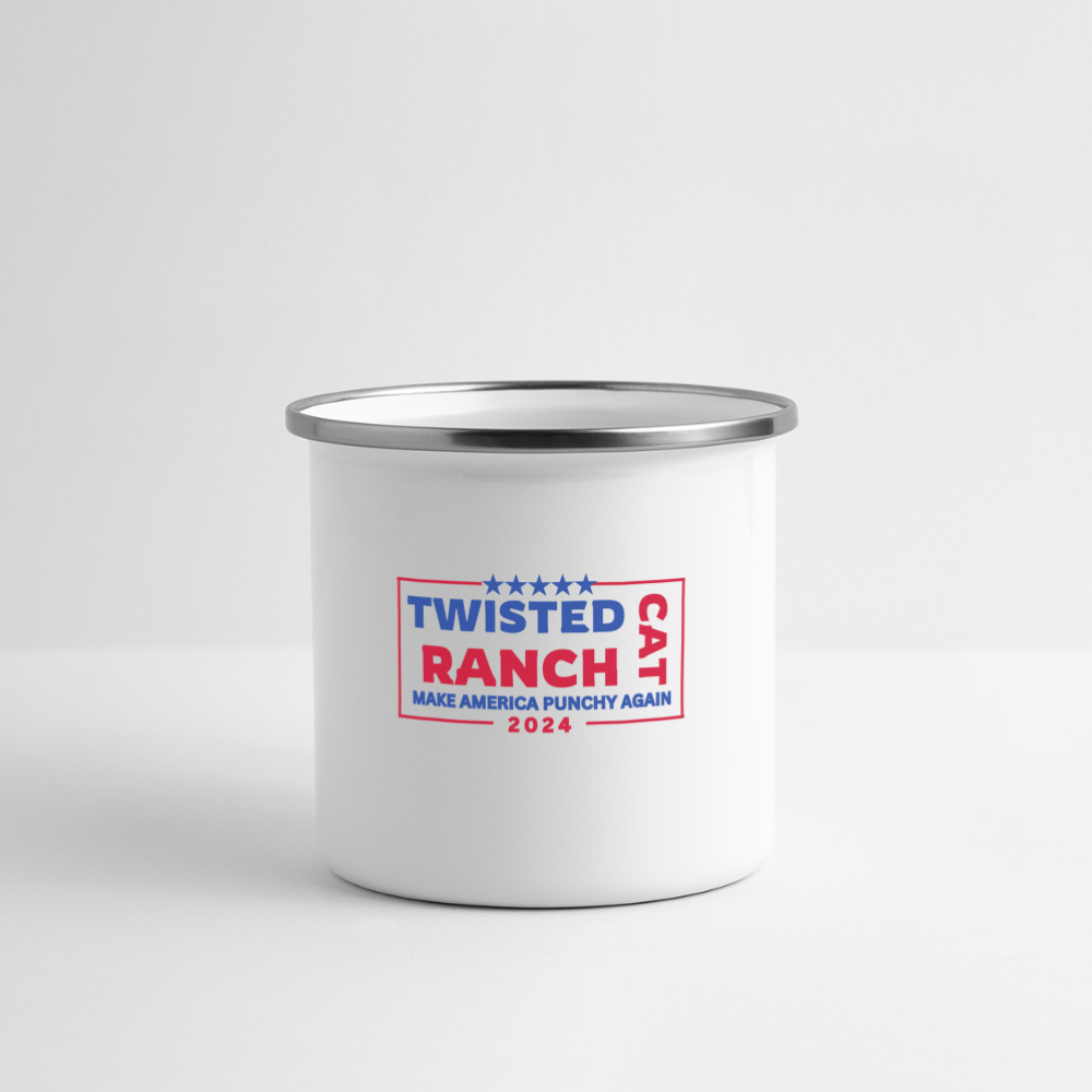 Twisted Cat Ranch “Make America Punchy Again” Enamel Mug - white