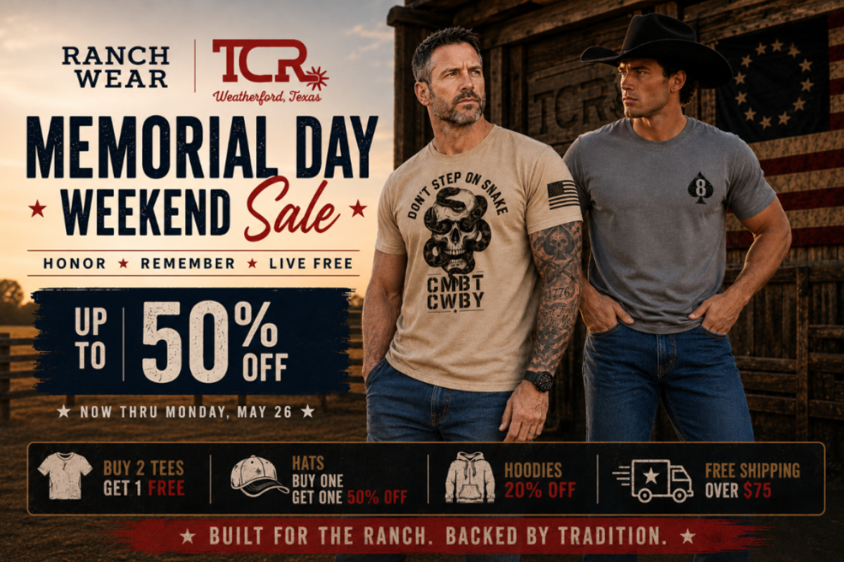 Two men in cowboy hats standing in front of a promotional banner for TCR Ranch Wear's Memorial Day Weekend Sale.

